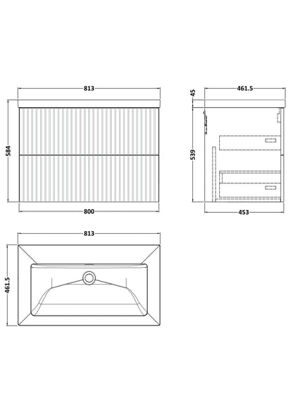 [BFLF126K] Callingwood Contemporary Wall Hung 2 Drawer Vanity Unit with 0 Tap Hole Fireclay Basin, Choice of Size and Colour - Line Drawing