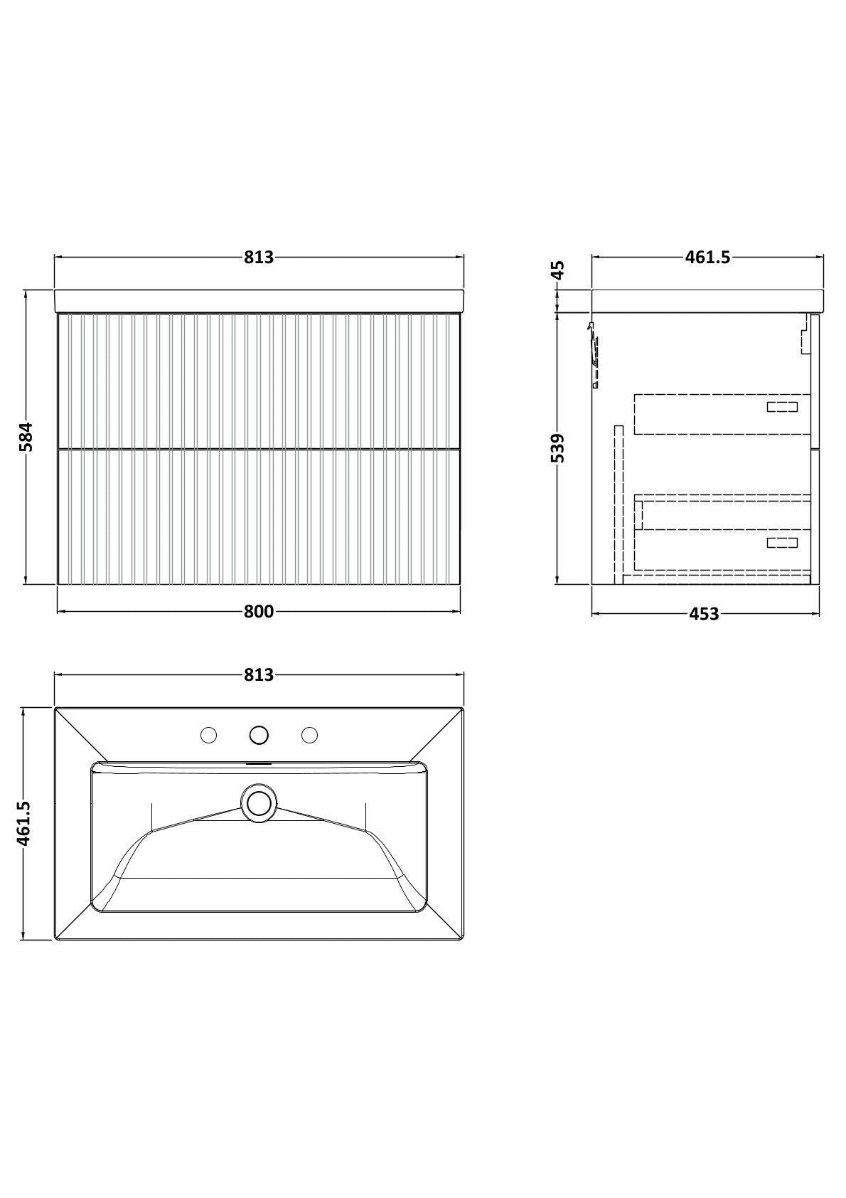 [BFLF126M] Callingwood Contemporary Wall Hung 2 Drawer Vanity Unit with 3 Tap Hole Fireclay Basin, Choice of Size and Colour - Line Drawing