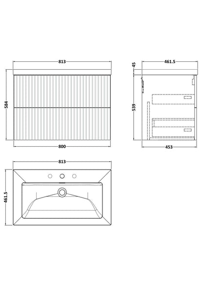 [BFLF126M] Callingwood Contemporary Wall Hung 2 Drawer Vanity Unit with 3 Tap Hole Fireclay Basin, Choice of Size and Colour - Line Drawing