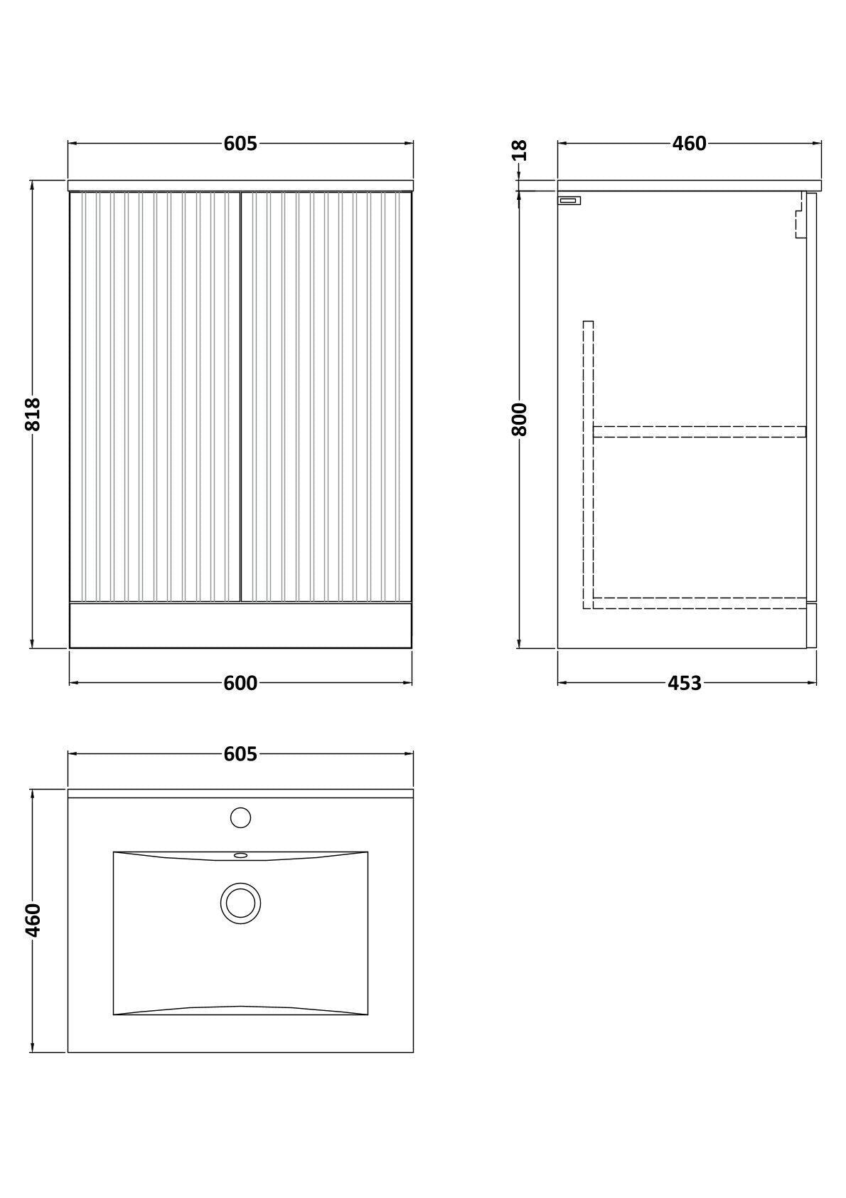 [BFLF1403C] Callingwood Contemporary Floor Standing 2 Door Vanity Unit with Minimalist Ceramic Basin, Choice of Size and Colour - Line Drawing