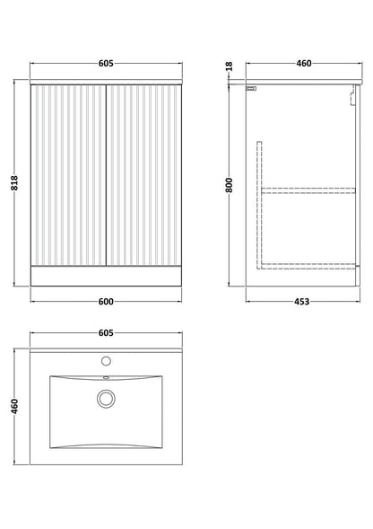 [BFLF1403C] Callingwood Contemporary Floor Standing 2 Door Vanity Unit with Minimalist Ceramic Basin, Choice of Size and Colour - Line Drawing