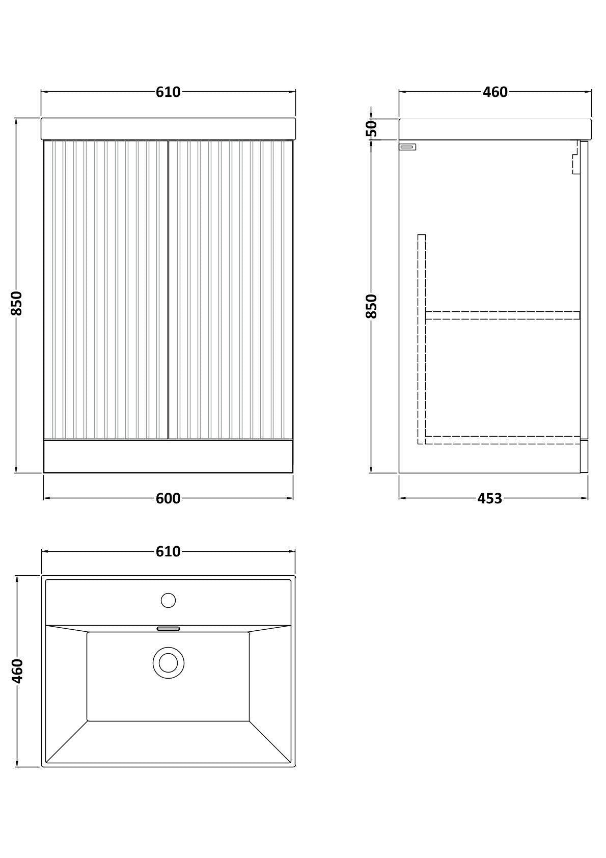 [BFLF1403E] Callingwood Contemporary Floor Standing 2 Door Vanity Unit with Thin-Edge Ceramic Basin, Choice of Size and Colour - Line Drawing