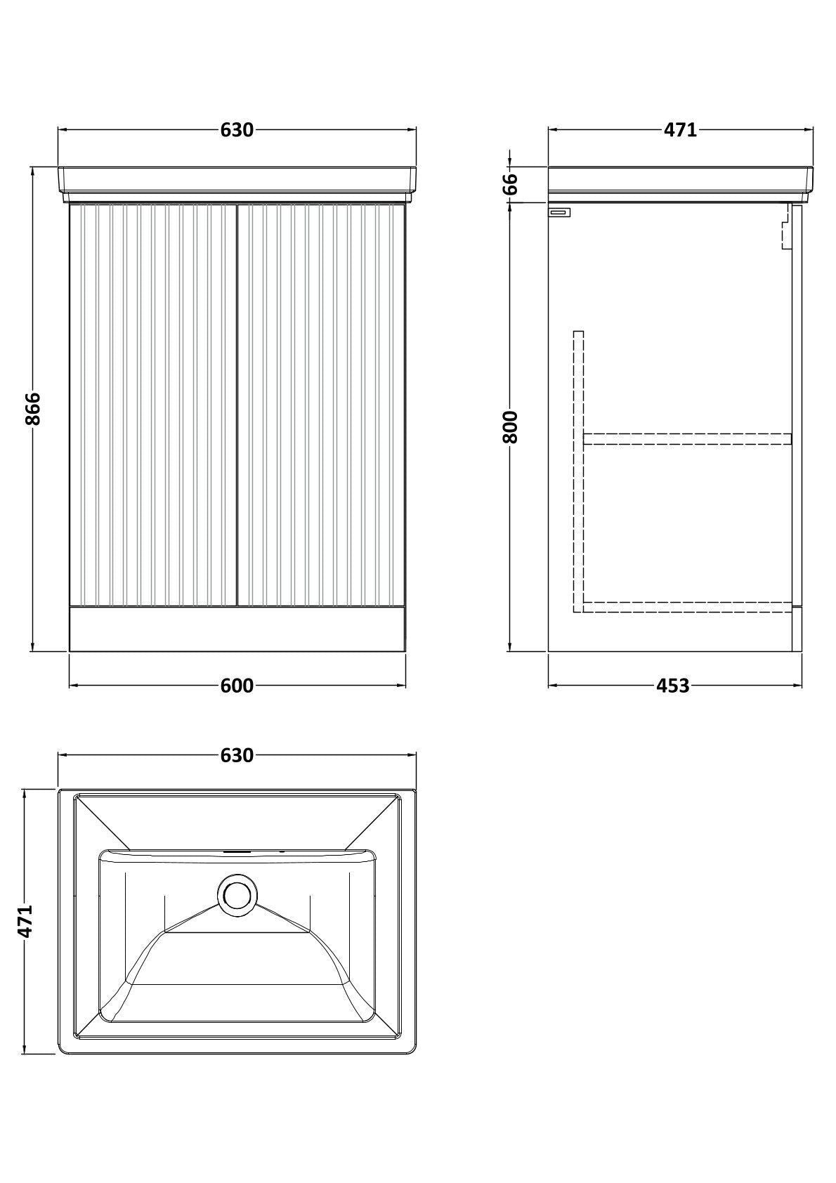[BFLF1403H] Callingwood Contemporary Floor Standing 2 Door Vanity Unit with Traditional 0 Tap Hole Fireclay Basin, Choice of Size and Colour - Line Drawing