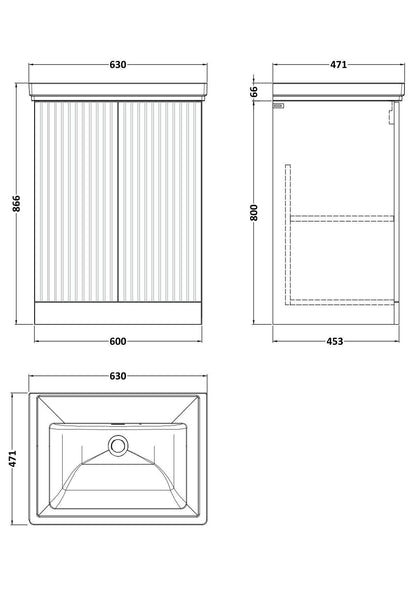[BFLF1403H] Callingwood Contemporary Floor Standing 2 Door Vanity Unit with Traditional 0 Tap Hole Fireclay Basin, Choice of Size and Colour - Line Drawing