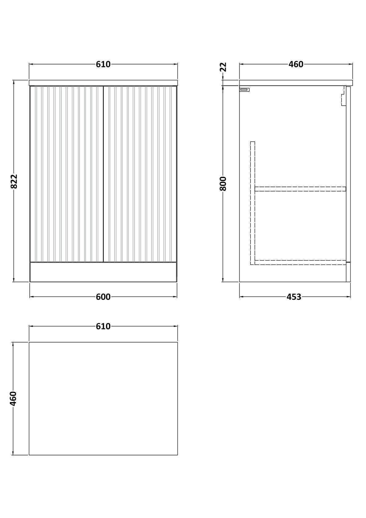 [BFLF1403LWN] Callingwood Contemporary Floor Standing 2 Door Vanity Unit with White Nebula Laminate Worktop, Choice of Size and Colour - Line Drawing