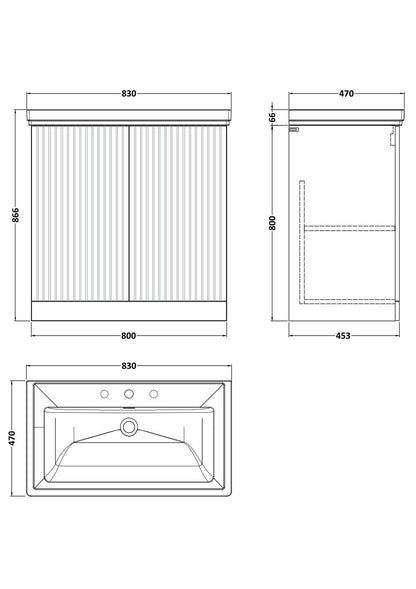 [BFLF1405B] Callingwood Contemporary Floor Standing 2 Door Vanity Unit with Traditional 3 Tap Hole Fireclay Basin, Choice of Size and Colour - Line Drawing