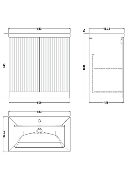 [BFLF1405L] Callingwood Contemporary Floor Standing 2 Door Vanity Unit with 1 Tap Hole Fireclay Basin, Choice of Size and Colour - Line Drawing