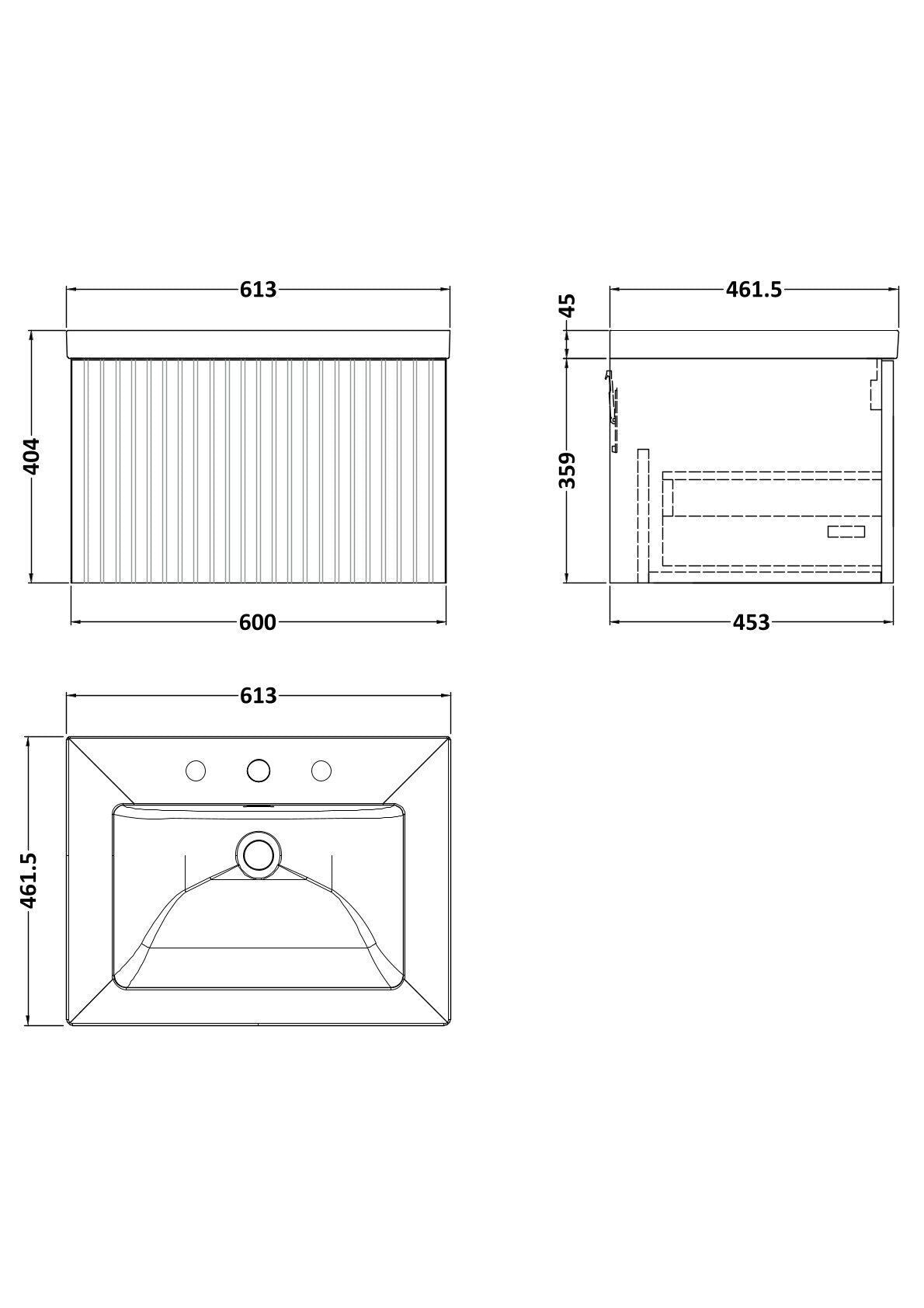 [BFLF1422M] Callingwood Contemporary Wall Hung 1 Drawer Vanity Unit with 3 Tap Hole Fireclay Basin, Choice of Size and Colour - Line Drawing