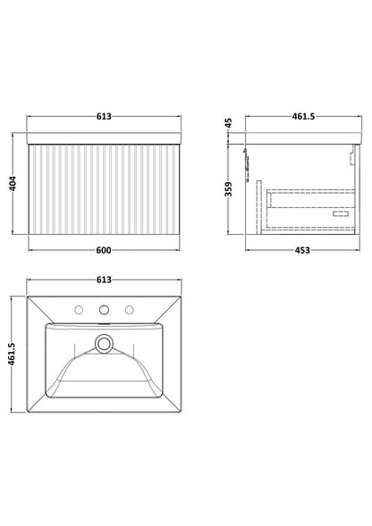 [BFLF1422M] Callingwood Contemporary Wall Hung 1 Drawer Vanity Unit with 3 Tap Hole Fireclay Basin, Choice of Size and Colour - Line Drawing