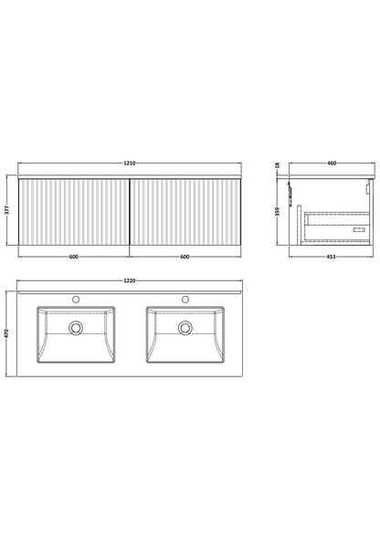 [BFLF1422WS2] Callingwood Contemporary Wall Hung 2 Drawer 1200mm Vanity Unit with Marble Worktop and Double Basin, Choice of Colour - Line Drawing