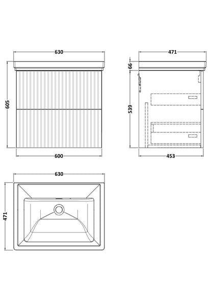 [BFLF1424H] Callingwood Contemporary Wall Hung 2 Drawer Vanity Unit with Traditional 0 Tap Hole Fireclay Basin, Choice of Size and Colour - Line Drawing