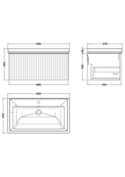 [BFLF1425A] Callingwood Contemporary Wall Hung 1 Drawer Vanity Unit with Traditional 1 Tap Hole Fireclay Basin, Choice of Size and Colour - Line Drawing