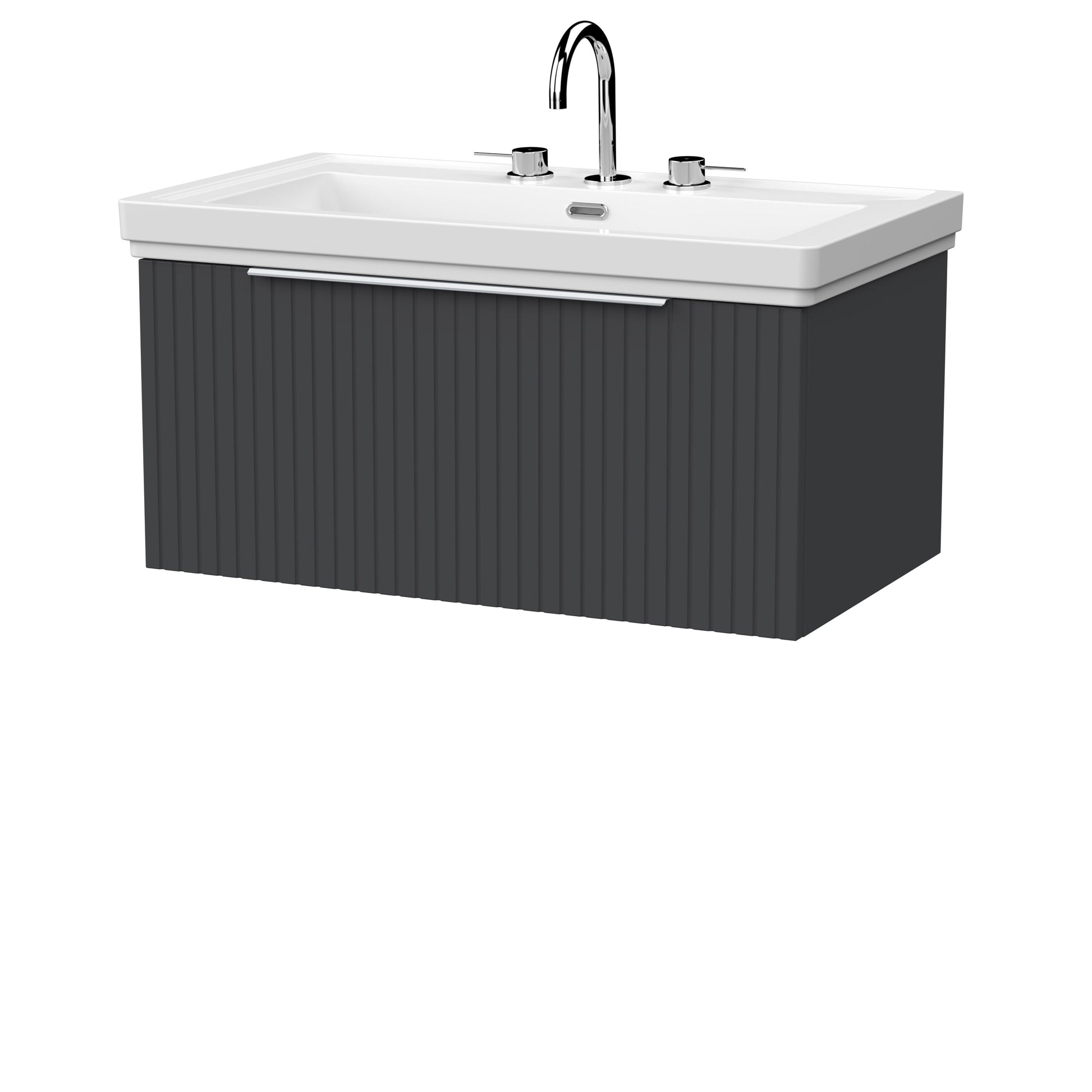 [BFLF1425B] Callingwood Contemporary Wall Hung 1 Drawer Vanity Unit with Traditional 3 Tap Hole Fireclay Basin, Choice of Size and Colour - Cutout