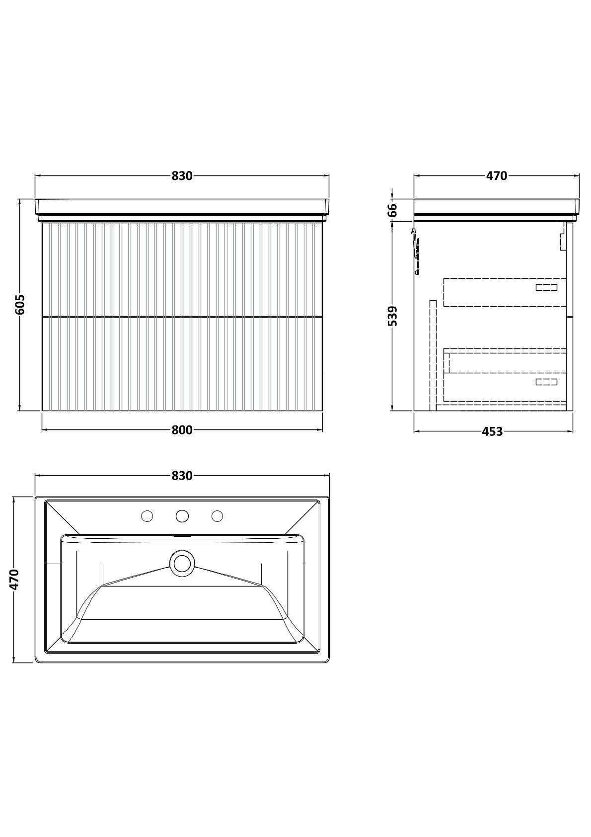 [BFLF1426B] Callingwood Contemporary Wall Hung 2 Drawer Vanity Unit with Traditional 3 Tap Hole Fireclay Basin, Choice of Size and Colour - Line Drawing