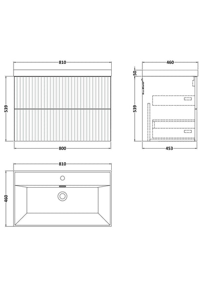 [BFLF1426E] Callingwood Contemporary Wall Hung 2 Drawer Vanity Unit with Thin-Edge Ceramic Basin, Choice of Size and Colour - Line Drawing