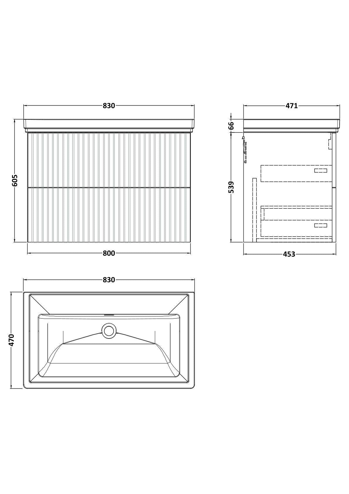 [BFLF1426H] Callingwood Contemporary Wall Hung 2 Drawer Vanity Unit with Traditional 0 Tap Hole Fireclay Basin, Choice of Size and Colour - Line Drawing