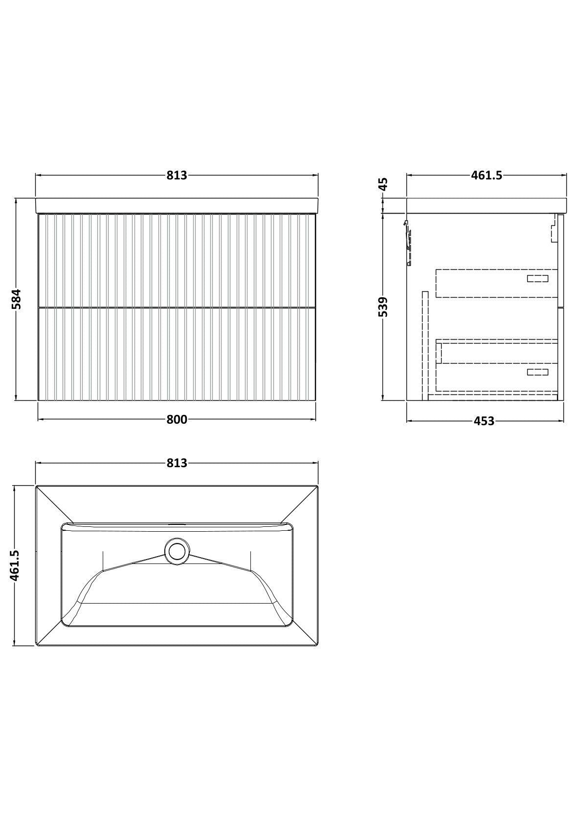 [BFLF1426K] Callingwood Contemporary Wall Hung 2 Drawer Vanity Unit with 0 Tap Hole Fireclay Basin, Choice of Size and Colour - Line Drawing