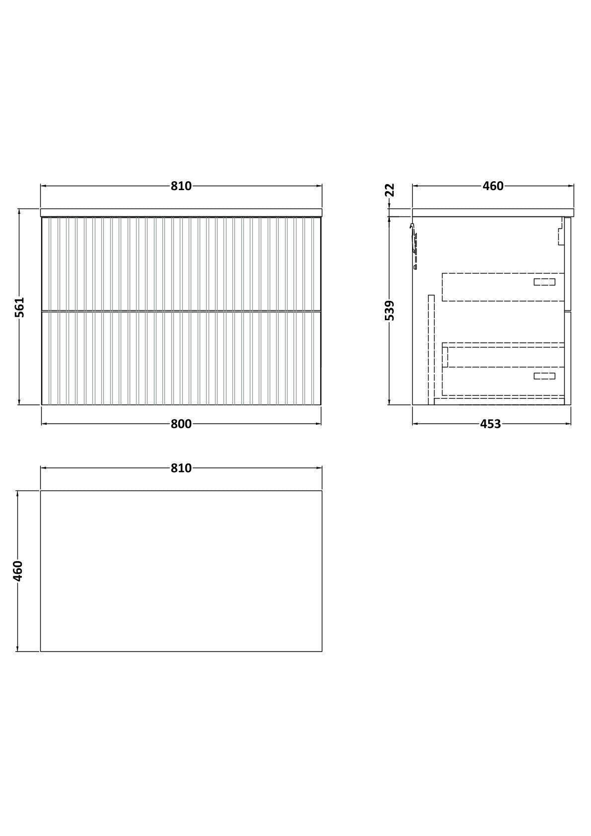[BFLF1426LSWG] Callingwood Contemporary Wall Hung 2 Drawer Vanity Unit with White Sparkle Laminate Worktop, Choice of Size and Colour - Line Drawing