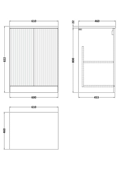 [BFLF1803LCM] Callingwood Contemporary Floor Standing 2 Door Vanity Unit with Carrera Marble Laminate Worktop, Choice of Size and Colour - Line Drawing