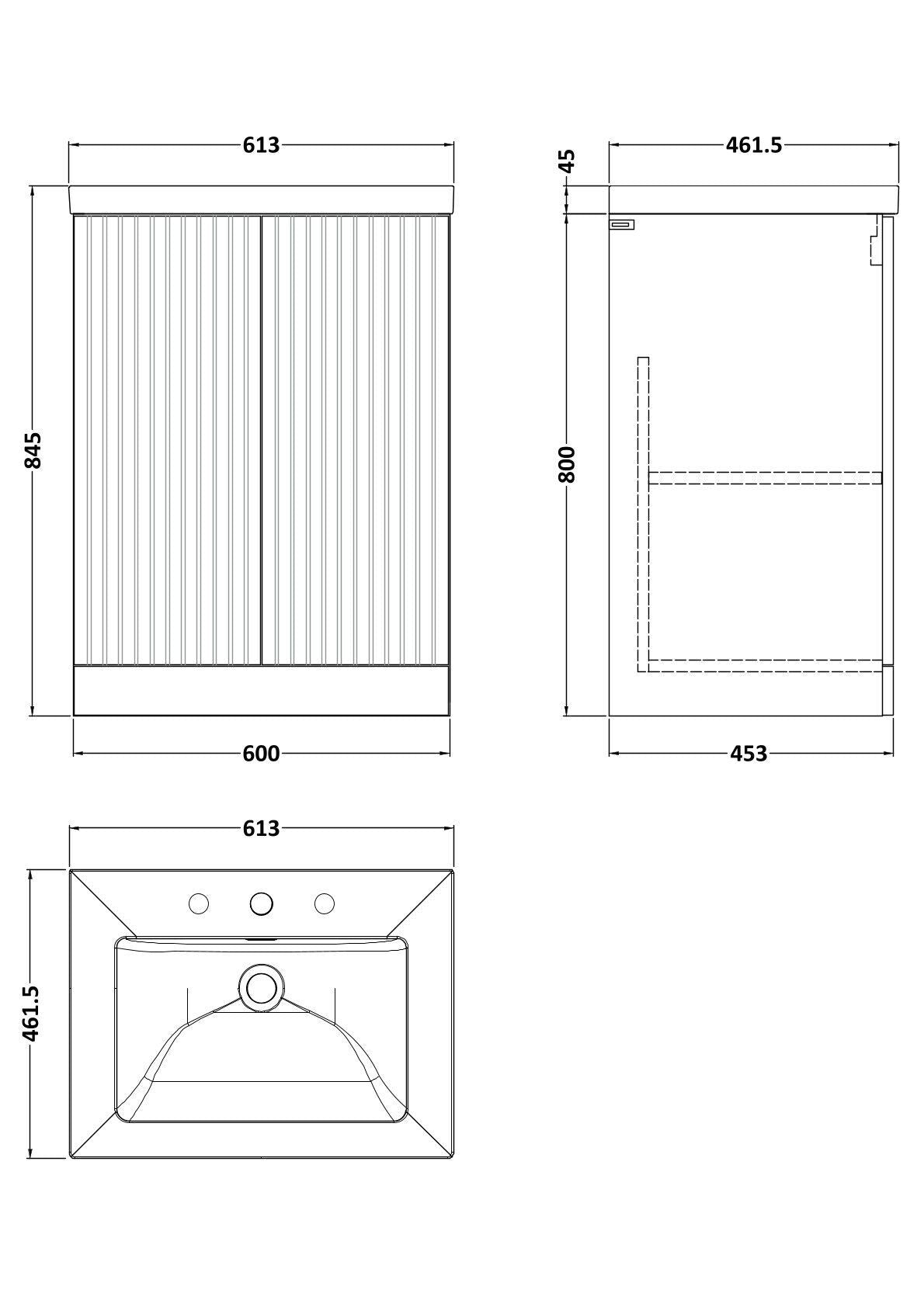 [BFLF1803M] Callingwood Contemporary Floor Standing 2 Door Vanity Unit with 3 Tap Hole Fireclay Basin, Choice of Size and Colour - Line Drawing