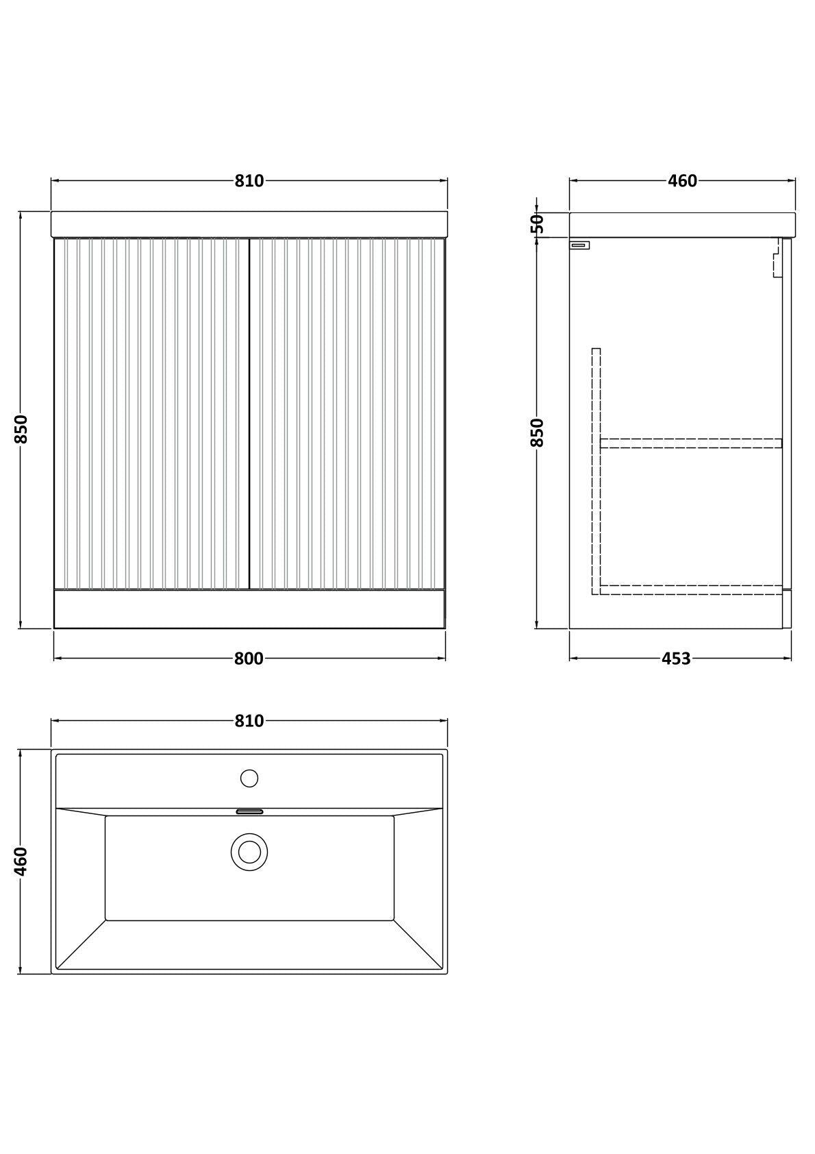 [BFLF1805E] Callingwood Contemporary Floor Standing 2 Door Vanity Unit with Thin-Edge Ceramic Basin, Choice of Size and Colour - Line Drawing