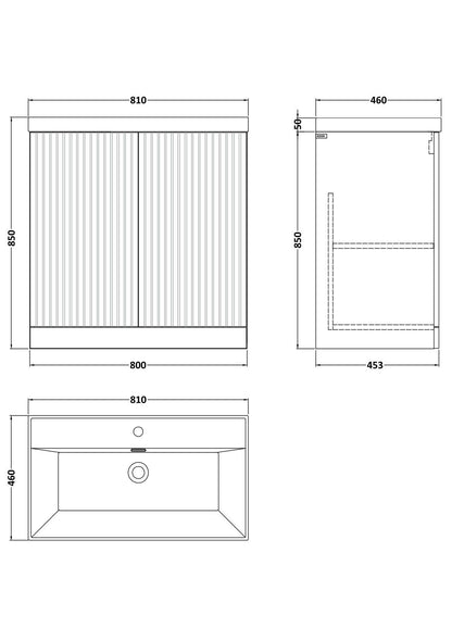 [BFLF1805E] Callingwood Contemporary Floor Standing 2 Door Vanity Unit with Thin-Edge Ceramic Basin, Choice of Size and Colour - Line Drawing