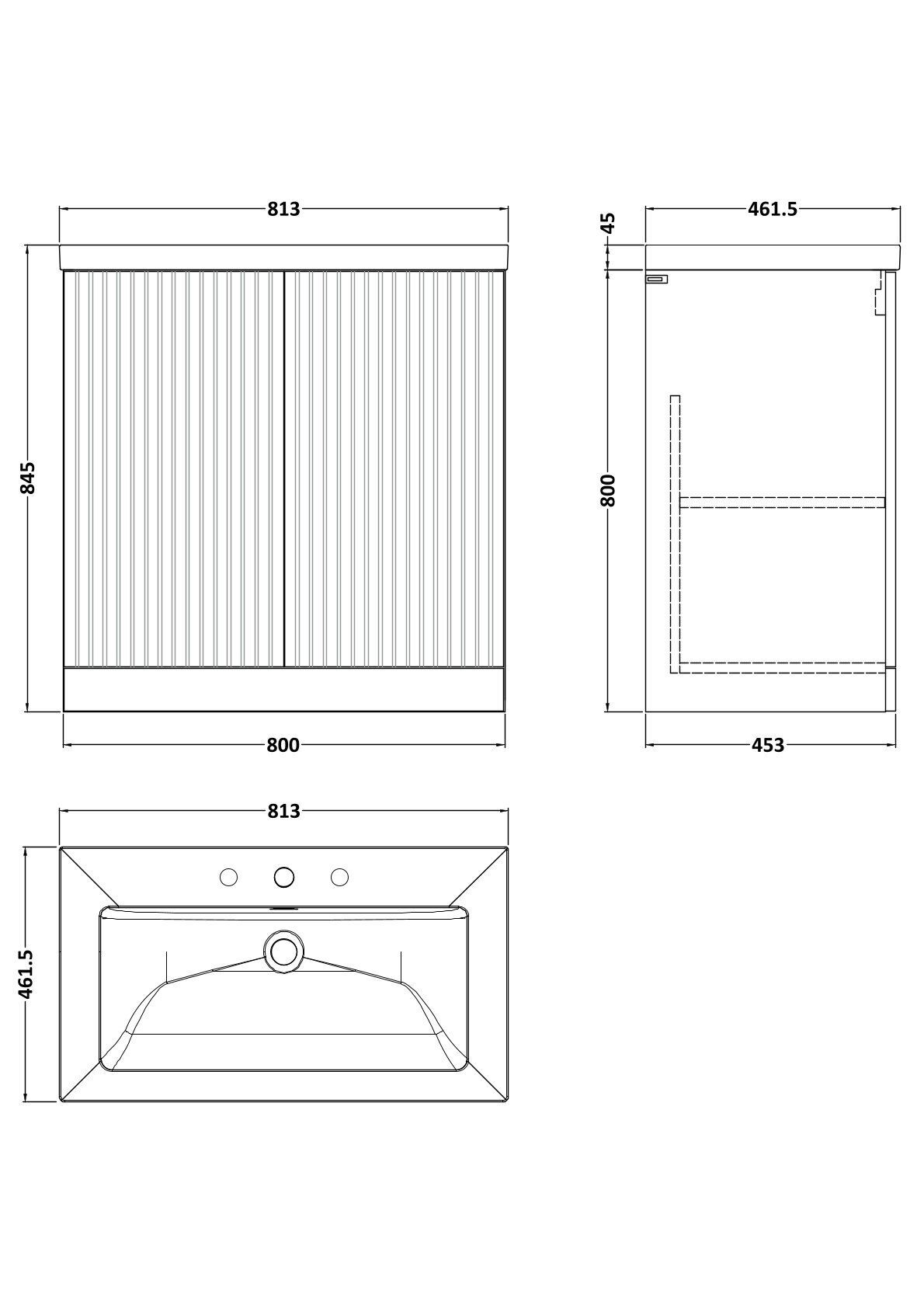 [BFLF1805M] Callingwood Contemporary Floor Standing 2 Door Vanity Unit with 3 Tap Hole Fireclay Basin, Choice of Size and Colour - Line Drawing