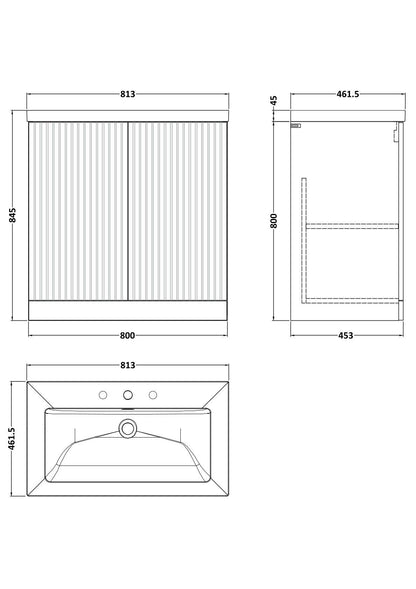 [BFLF1805M] Callingwood Contemporary Floor Standing 2 Door Vanity Unit with 3 Tap Hole Fireclay Basin, Choice of Size and Colour - Line Drawing