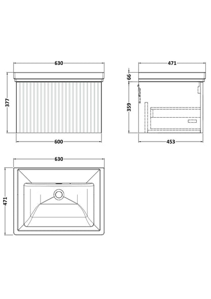 [BFLF1822H] Callingwood Contemporary Wall Hung 1 Drawer Vanity Unit with Traditional 0 Tap Hole Fireclay Basin, Choice of Size and Colour - Line Drawing