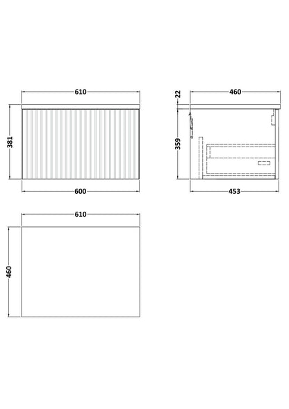 [BFLF1822LCM] Callingwood Contemporary Wall Hung 1 Drawer Vanity Unit with Carrera Marble Laminate Worktop, Choice of Size and Colour - Line Drawing
