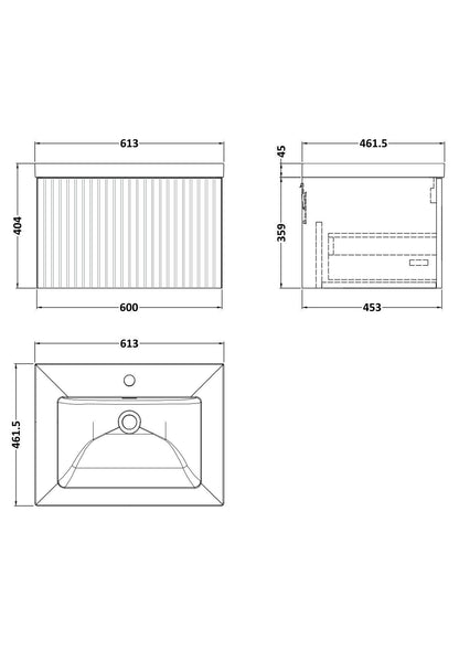 [BFLF1822L] Callingwood Contemporary Wall Hung 1 Drawer Vanity Unit with 1 Tap Hole Fireclay Basin, Choice of Size and Colour - Line Drawing