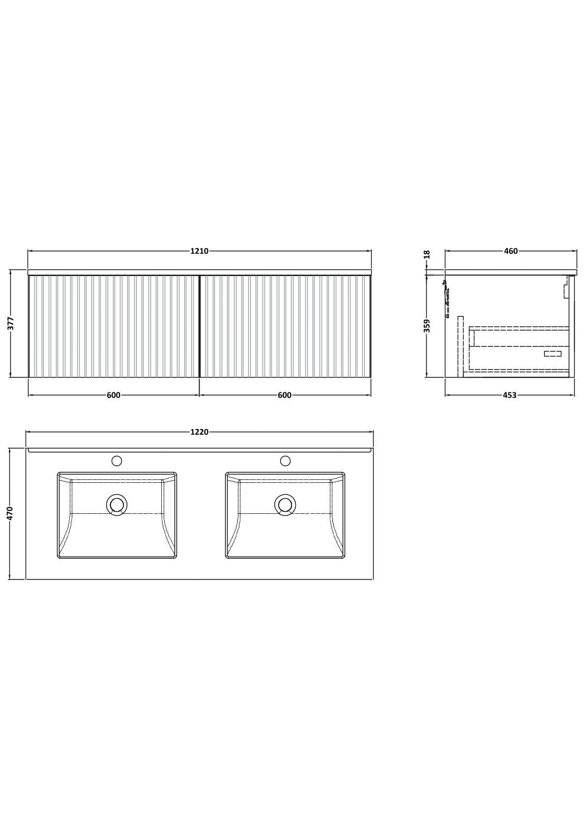 [BFLF1822WS2] Callingwood Contemporary Wall Hung 2 Drawer 1200mm Vanity Unit with Marble Worktop and Double Basin, Choice of Colour - Line Drawing