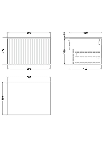 [BFLF1822W] Callingwood Contemporary Wall Hung 1 Drawer Vanity Unit with Laminate Worktop, Choice of Size and Colour - Line Drawing