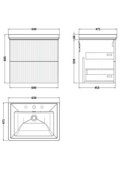 [BFLF1824B] Callingwood Contemporary Wall Hung 2 Drawer Vanity Unit with Traditional 3 Tap Hole Fireclay Basin, Choice of Size and Colour - Line Drawing