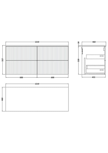 [BFLF1824WMT2] Callingwood Contemporary Wall Hung 4 Drawer 1200mm Vanity Unit with White Marble Worktop, Choice of Colour - Line Drawing