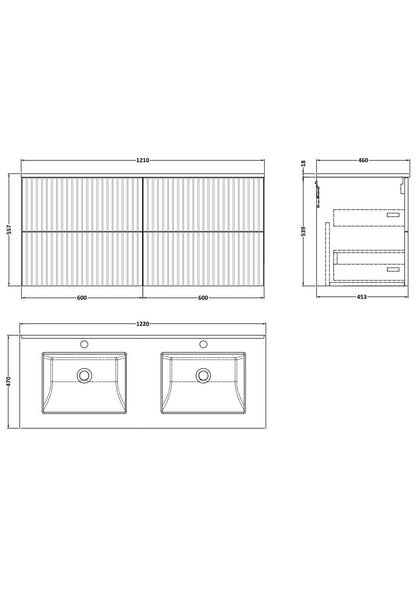 [BFLF1824WS2] Callingwood Contemporary Wall Hung 4 Drawer 1200mm Vanity Unit with Marble Worktop and Double Basin, Choice of Colour - Line Drawing