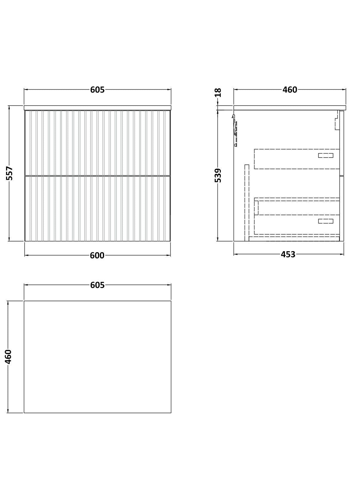 [BFLF1824W] Callingwood Contemporary Wall Hung 2 Drawer Vanity Unit with Laminate Worktop, Choice of Size and Colour - Line Drawing