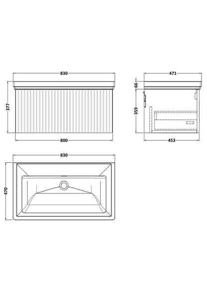 [BFLF1825H] Callingwood Contemporary Wall Hung 1 Drawer Vanity Unit with Traditional 0 Tap Hole Fireclay Basin, Choice of Size and Colour - Line Drawing
