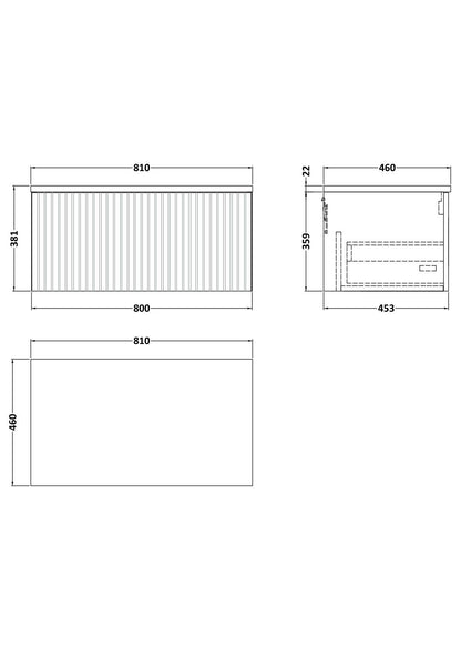 [BFLF1825LBG] Callingwood Contemporary Wall Hung 1 Drawer Vanity Unit with Bellato Grey Laminate Worktop, Choice of Size and Colour - Line Drawing