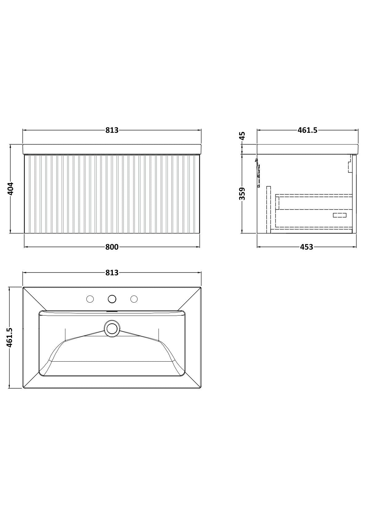 [BFLF1825M] Callingwood Contemporary Wall Hung 1 Drawer Vanity Unit with 3 Tap Hole Fireclay Basin, Choice of Size and Colour - Line Drawing