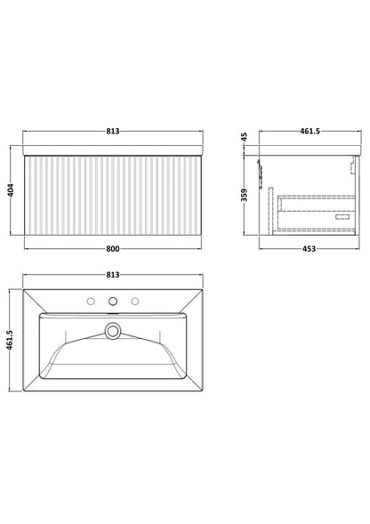 [BFLF1825M] Callingwood Contemporary Wall Hung 1 Drawer Vanity Unit with 3 Tap Hole Fireclay Basin, Choice of Size and Colour - Line Drawing
