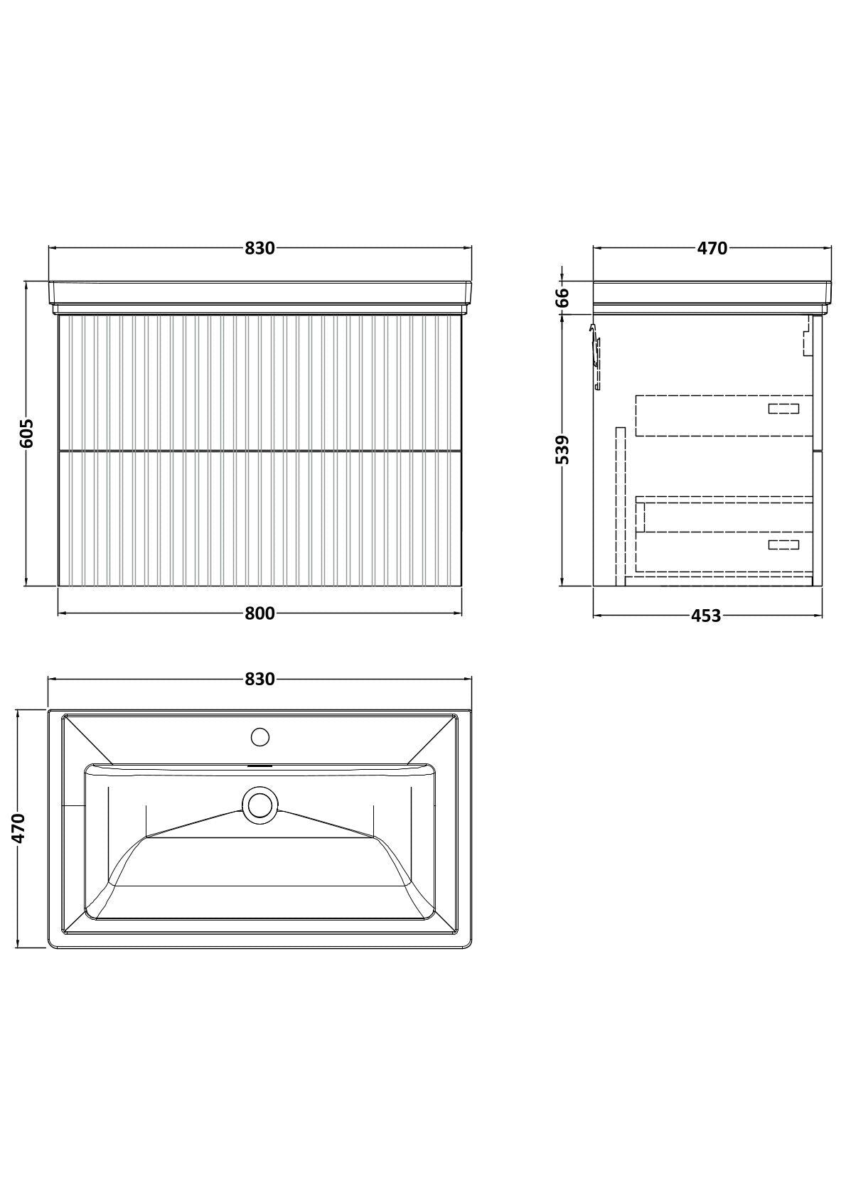 [BFLF1826A] Callingwood Contemporary Wall Hung 2 Drawer Vanity Unit with Traditional 1 Tap Hole Fireclay Basin, Choice of Size and Colour - Line Drawing