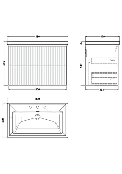 [BFLF1826B] Callingwood Contemporary Wall Hung 2 Drawer Vanity Unit with Traditional 3 Tap Hole Fireclay Basin, Choice of Size and Colour - Line Drawing