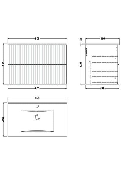 [BFLF1826C] Callingwood Contemporary Wall Hung 2 Drawer Vanity Unit with Minimalist Ceramic Basin, Choice of Size and Colour - Line Drawing