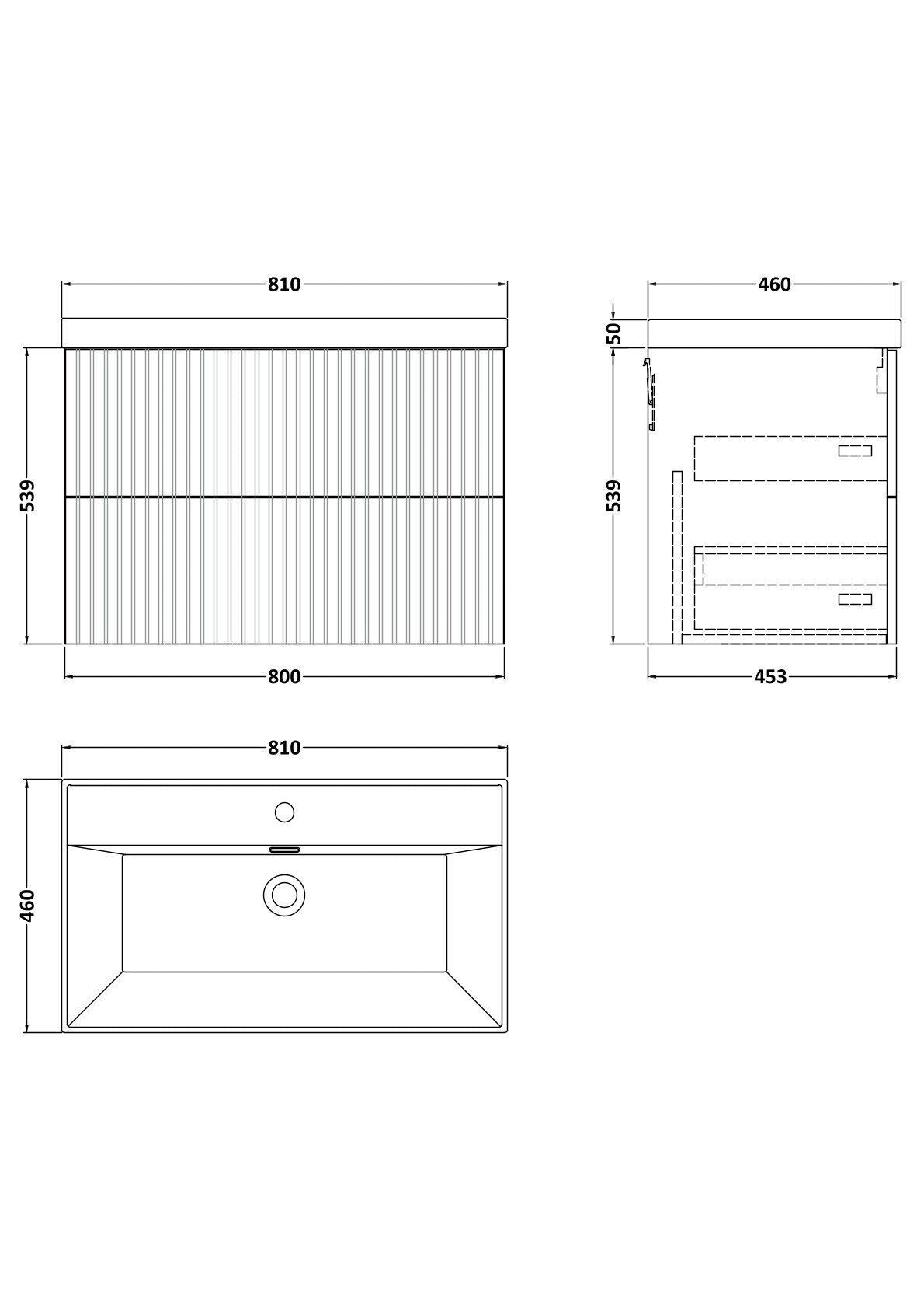[BFLF1826E] Callingwood Contemporary Wall Hung 2 Drawer Vanity Unit with Thin-Edge Ceramic Basin, Choice of Size and Colour - Line Drawing