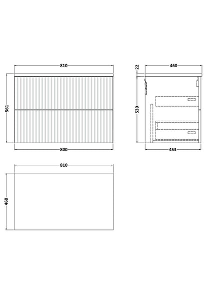 [BFLF1826LBG] Callingwood Contemporary Wall Hung 2 Drawer Vanity Unit with Bellato Grey Laminate Worktop, Choice of Size and Colour - Line Drawing