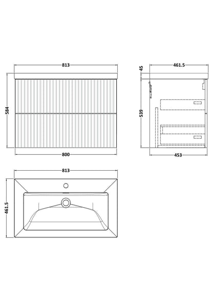 [BFLF1826L] Callingwood Contemporary Wall Hung 2 Drawer Vanity Unit with 1 Tap Hole Fireclay Basin, Choice of Size and Colour - Line Drawing