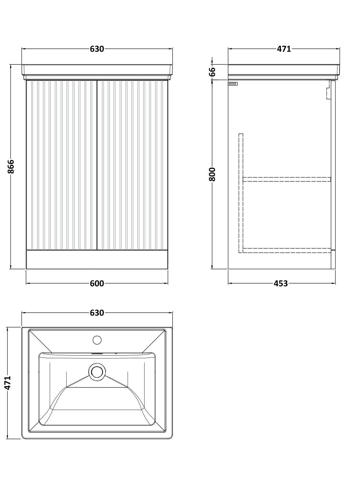 [BFLF3103A] Callingwood Contemporary Floor Standing 2 Door Vanity Unit with Traditional 1 Tap Hole Fireclay Basin, Choice of Size and Colour - Line Drawing