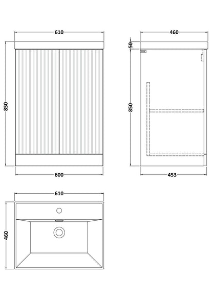 [BFLF3103E] Callingwood Contemporary Floor Standing 2 Door Vanity Unit with Thin-Edge Ceramic Basin, Choice of Size and Colour - Line Drawing