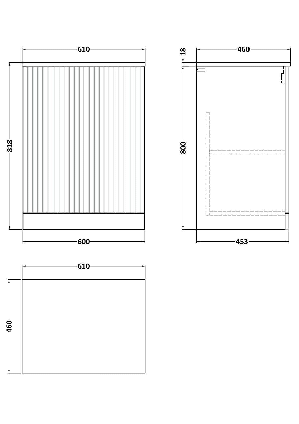 [BFLF3103GMT] Callingwood Contemporary Floor Standing 2 Door Vanity Unit with Grey Marble Worktop, Choice of Size and Colour - Line Drawing